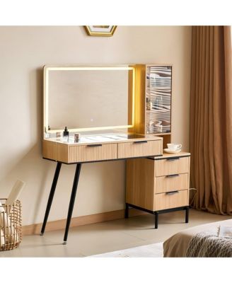 Vanity Desk with Mirror and Lights, 5 Drawers and Storage Shelves, Adjustable Brightness Makeup Table Set