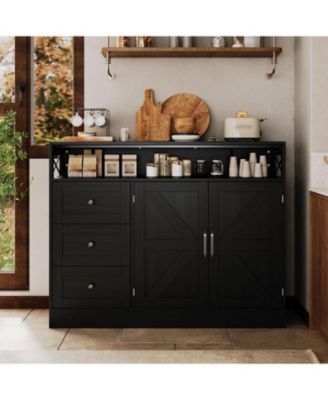 47.2" Buffet Cabinet with Power Outlet, 3 Drawers & 2 Barn Doors, Modern Farmhouse Sideboard Storage forLiving Room, Coffee Bar, Black
