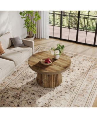 Round Coffee Table, 31.5" Modern Circle Center Table with Fluted Drum Base and Wood Grain Finish