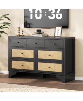 47.3" Wide 7-Drawer Bedroom Dresser, Modern Wood Chest with Natural Rattan Drawers for Living Room, Hallway, or Entryway