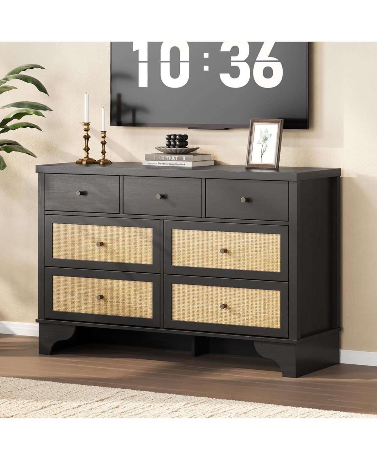 gaomon 47.3" Wide 7-Drawer Bedroom Dresser, Modern Wood Chest with Natural Rattan Drawers for Living Room, Hallway, or Entryway