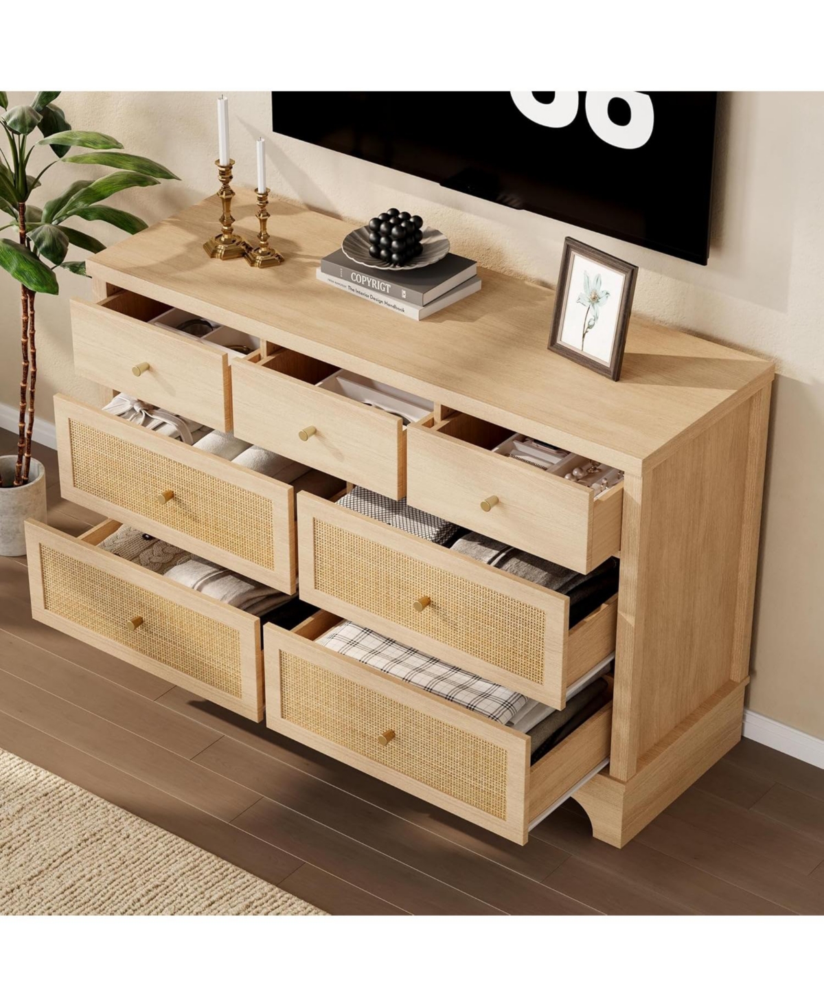 gaomon 47.3" Wide 7-Drawer Bedroom Dresser, Modern Wood Chest with Natural Rattan Drawers for Living Room, Hallway, or Entryway