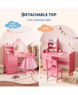 Kids Vanity Desk with Mirror and Lights, Wooden Makeup Vanity with Chair, Storage Shelves and Drawers, 2-in-1 Girls Dressing Table
