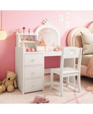 Kids Vanity Desk with Mirror and Lights, Wooden Makeup Vanity with Chair, Storage Shelves and Drawers, 2-in-1 Girls Dressing Table
