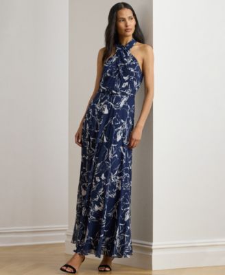 Women's Floral Belted Georgette Halter Maxi Dress