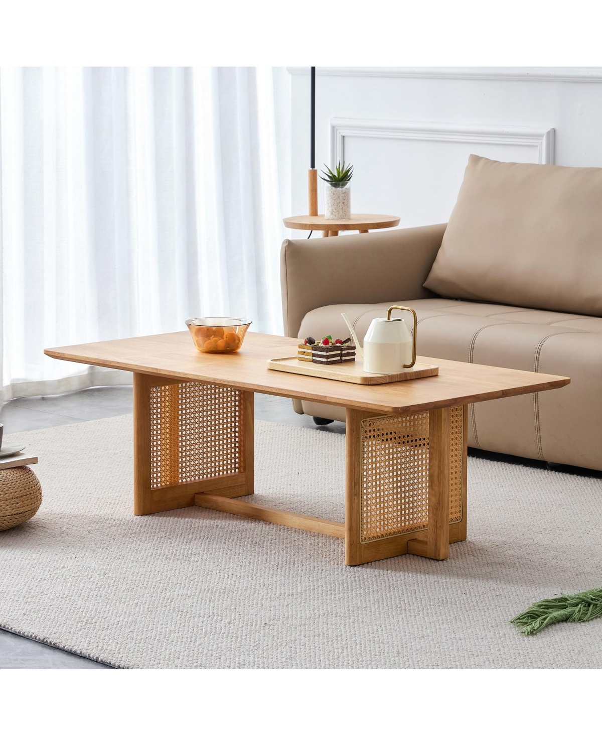 47.24" Rectangular Solid Wood Coffee Table with Imitation Rattan Design, for Living Room