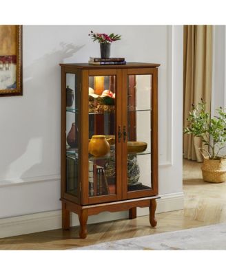 Corner Display Cabinet with Mirrored Panel Tempered Glass Shelves and Classic Style
