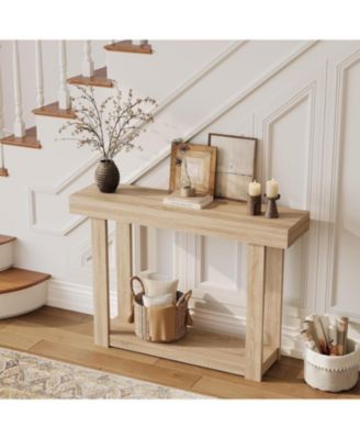 46.26" Wood Console Table with Storage, Narrow Sofa Table with Open Shelf, Long Behind Couch Table for Entryway Hallway, Natural