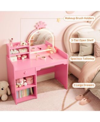 GraveeHome 2Pc MDF Mirror and Lights, Makeup Vanity Desk with Drawer and Storage Shelves Kids Vanity Table and Chair Set
