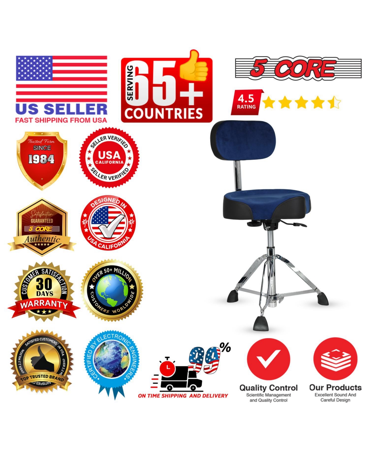 5 Core Drum Throne w Backrest 4" Padded Stool Airlift 25" Adjustable Drummer 441Lb Capacity