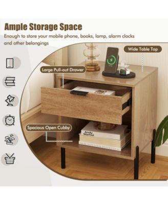 1PC Nightstand with Charging Station Drawer Compartment Modern Side End Table