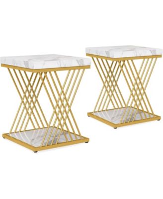 Square End Table White Gold 2-Tier Side Table (2, Faux Marble White+Gold)