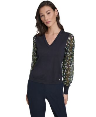 Women's Mixed Media V-Neck Sweater