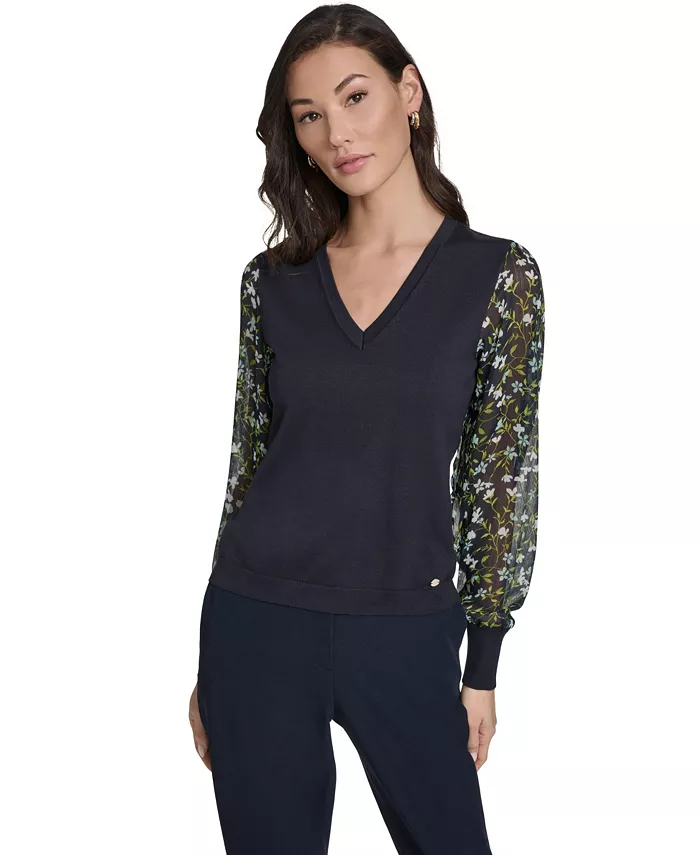 Women's Mixed Media V-Neck Sweater