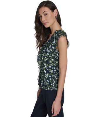 Women's Floral Vine Mixed Media Ruffle Top