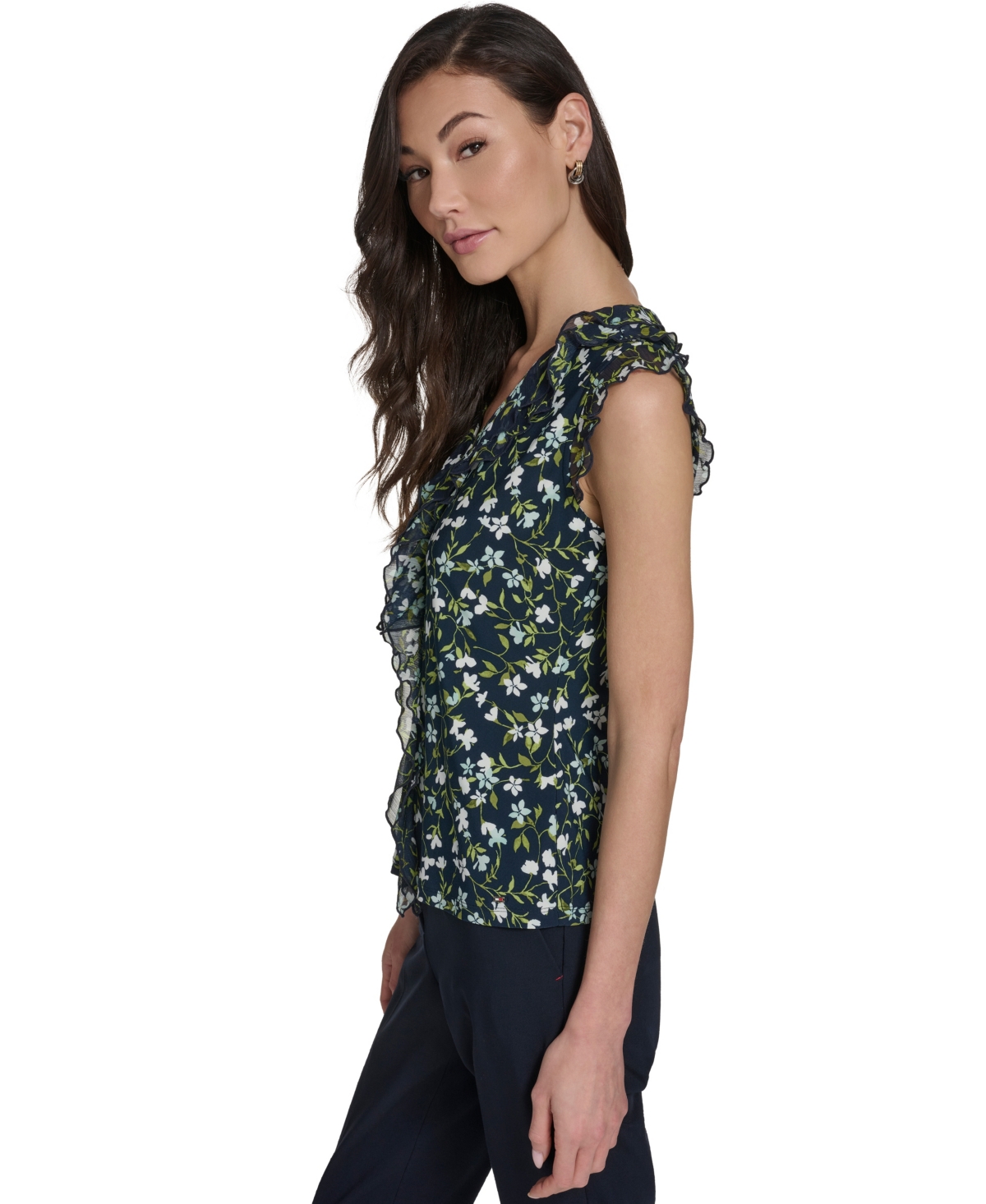 Tommy Hilfiger Women's Floral Vine Mixed Media Ruffle Top