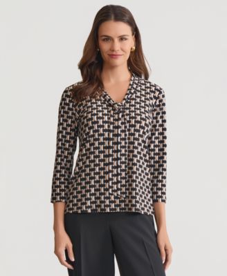 Women's Geo-Print Tie-Neck 3/4-Sleeve Top