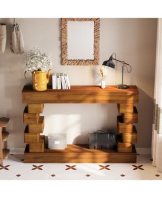 Geometric Block Stacked Wood Console Table with Warm Natural Finish