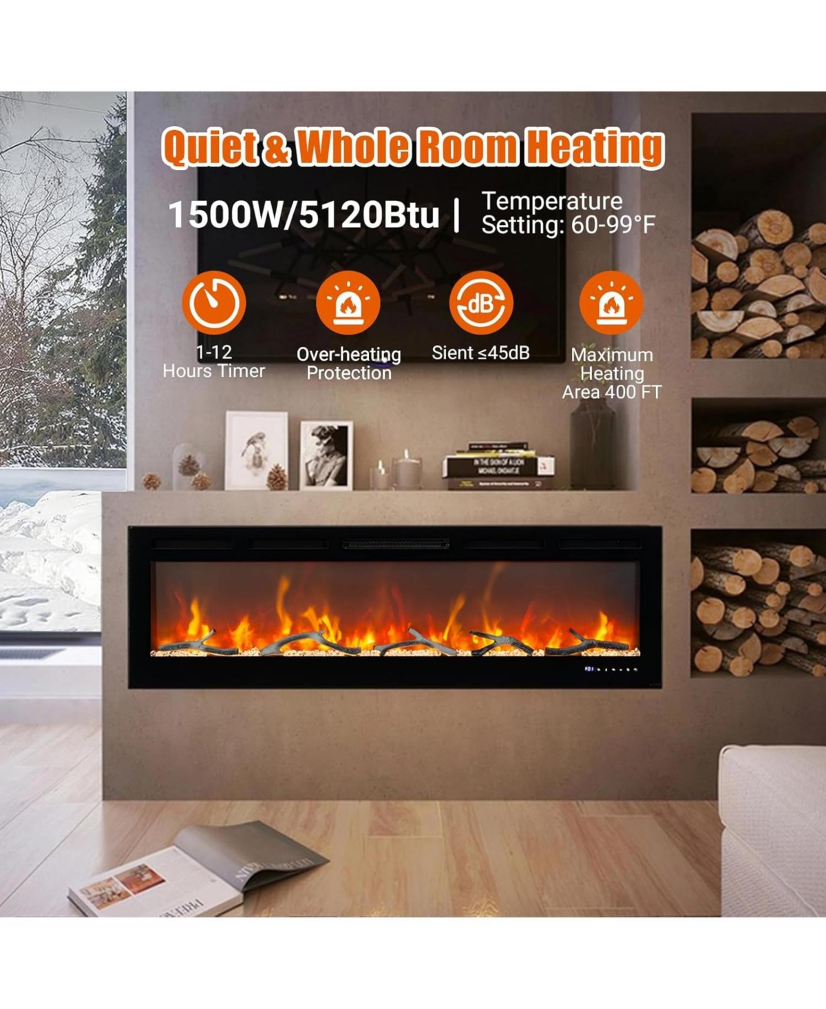 Gaomon 72" Recessed & Wall Mounted Electric Fireplace, Smart WiFi & Remote Control, Multicolor Flame, 750/1500W