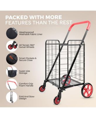 Folding Utility Cart with Liner, Heavy-Duty, 360&amp;#xB0; Swivel Wheels, 70 lb Capacity, Portable for Groceries, Laundry &amp; More (Black)