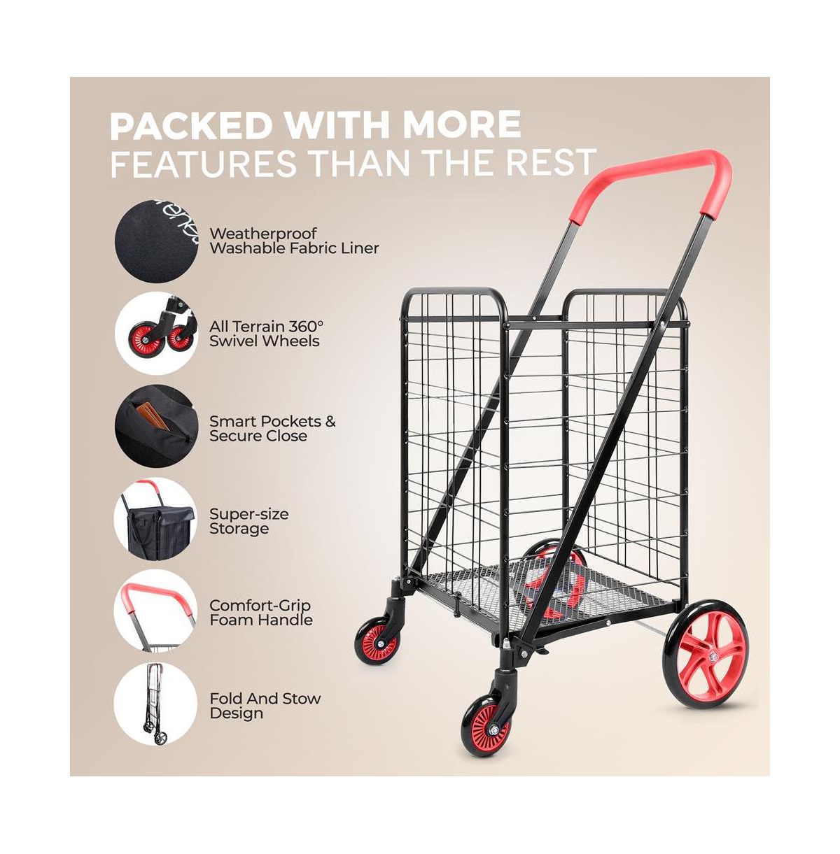 SereneLife Folding Utility Cart with Liner, Heavy-Duty, 360° Swivel Wheels, lb Capacity, Portable for Groceries