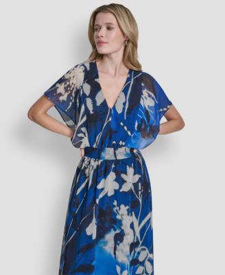 Women's Short Flutter Sleeve V Neck Smocked Waist Floral Midi Dress