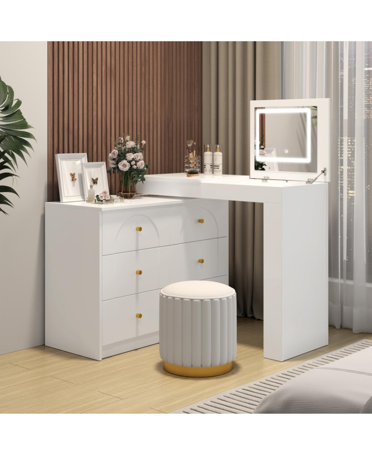 Streamdale Furniture Vanity Desk with Mirror, Lights, Flip-Top, 7 Drawers, 9 Compartments, 3 Shelves, Walnut