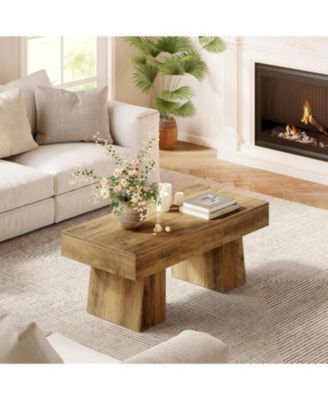 Farmhouse Coffee Table, 47 Inch Wooden Rectangular Center Table with Thick Base