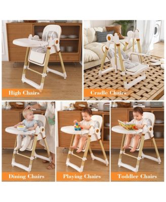 Plastic 2-in-1 Baby High Chair Rocker with 5-Point Harness, Foldable Infant Feeding Chair with Silent Locking Wheels and Removable 2-Tier Tray