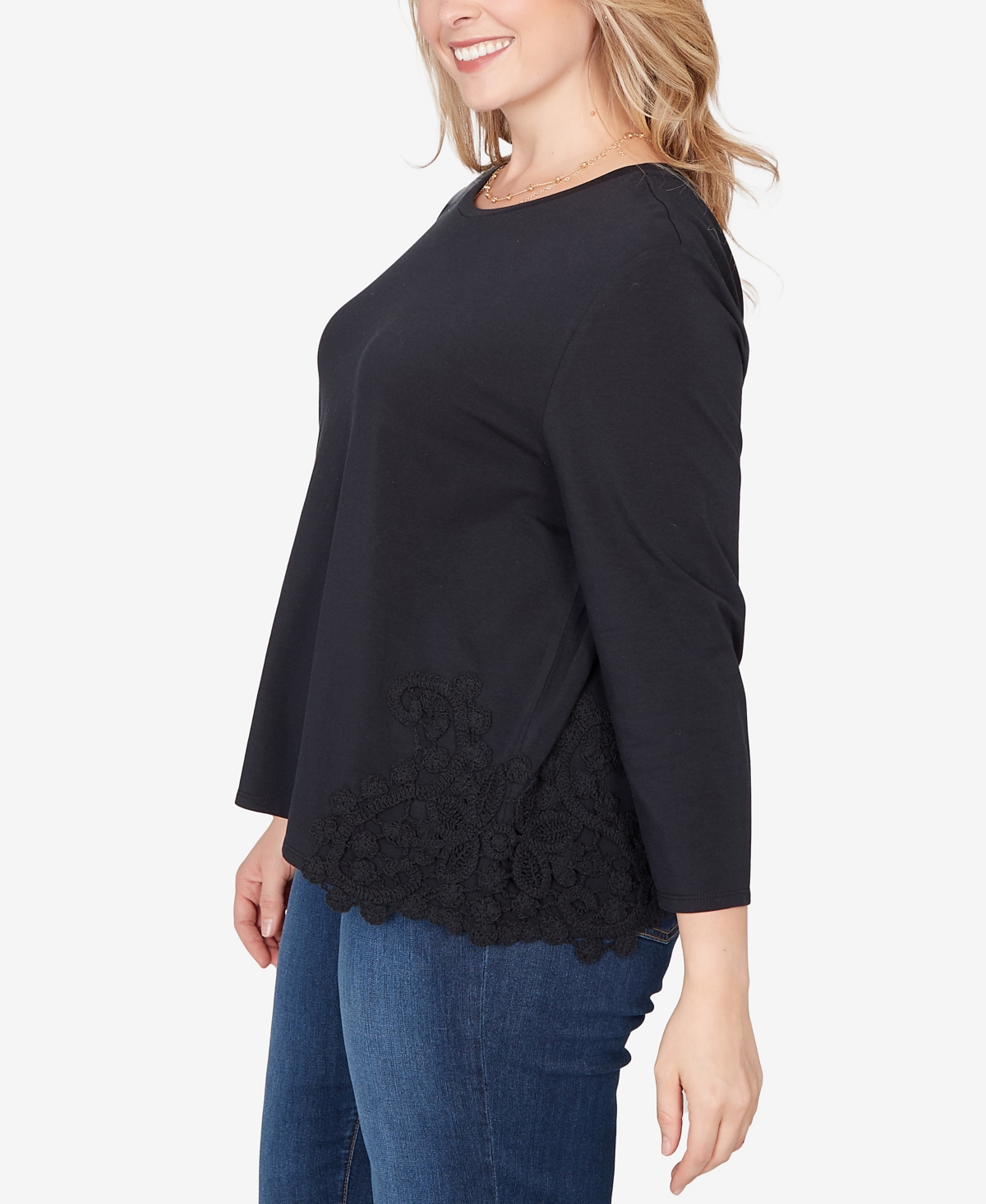 Ruby Rd. Plus Crochet Crew Neck Applique Stretch Knit Top