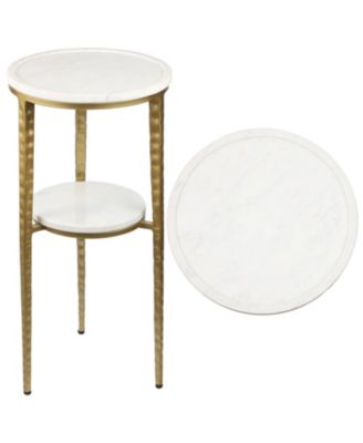 Seraphina 24.75" Industrial 2-Tier Metal Frame Drink Table and Decorative End Table with White Marble Round Top