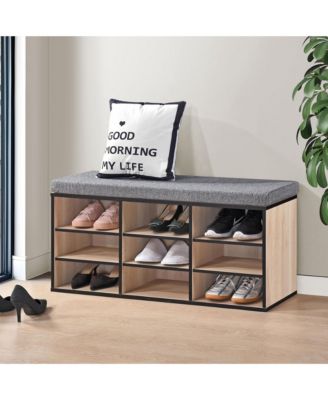 Shoe Storage Bench with Cushion, 9 Cubbies Shoe Organizer, Cubby Shoe Rack with Adjustable Shelves