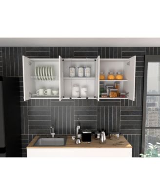 Modern Kitchen Cabinet with Glass Doors Dish Rack and Metal Handles for Elegant Storage