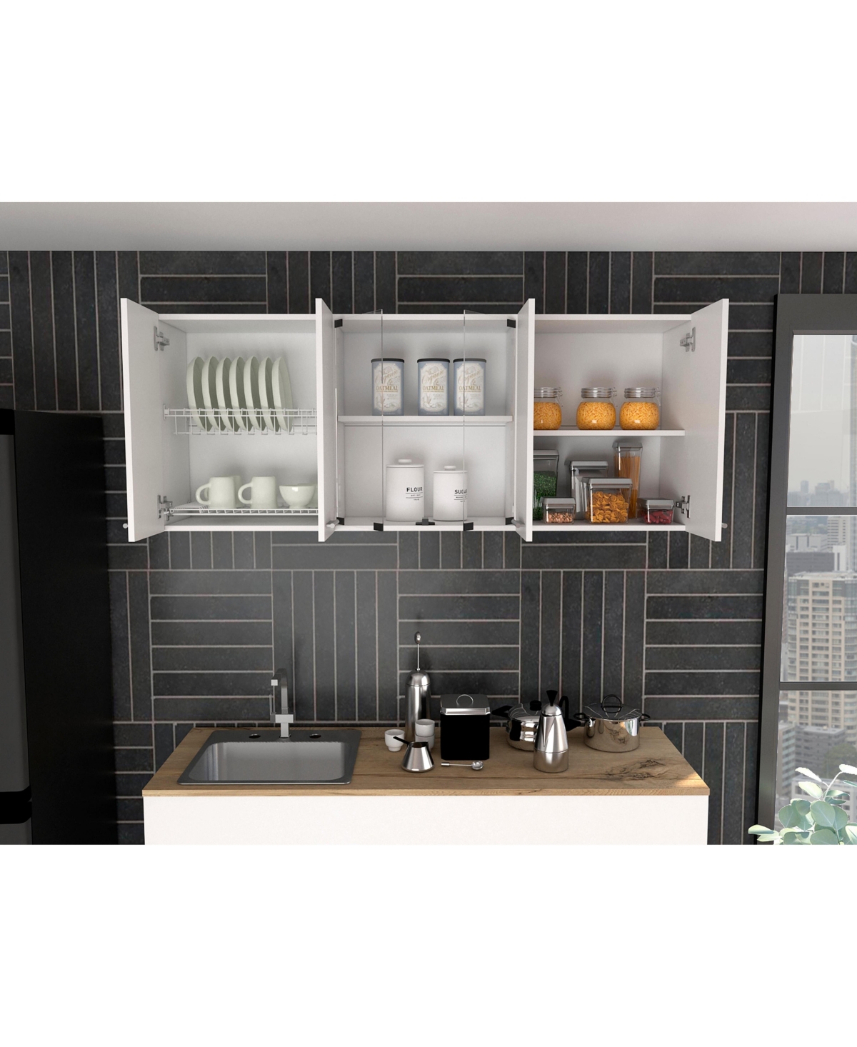 Lovmor Modern Kitchen Cabinet with Glass Doors Dish Rack and Metal Handles for Elegant Storage