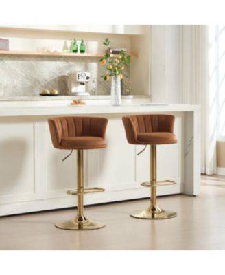 Set of 2 Orange Velvet Swivel Bar Stools with Chrome Footrest