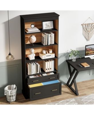 2-Drawer Vertical File Cabinet, Modern Black Filing Cabinet with 5-Tier Bookshelf, Large Printer Stand