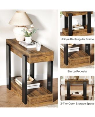 Narrow Wood End Table, 2-Tier Farmhouse Side Table for Living Room