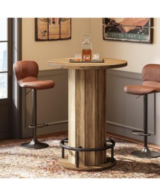 Round Bar Table, 39.4" H Wood Bistro Pub Table with Metal Ring Footrest (Only Table)