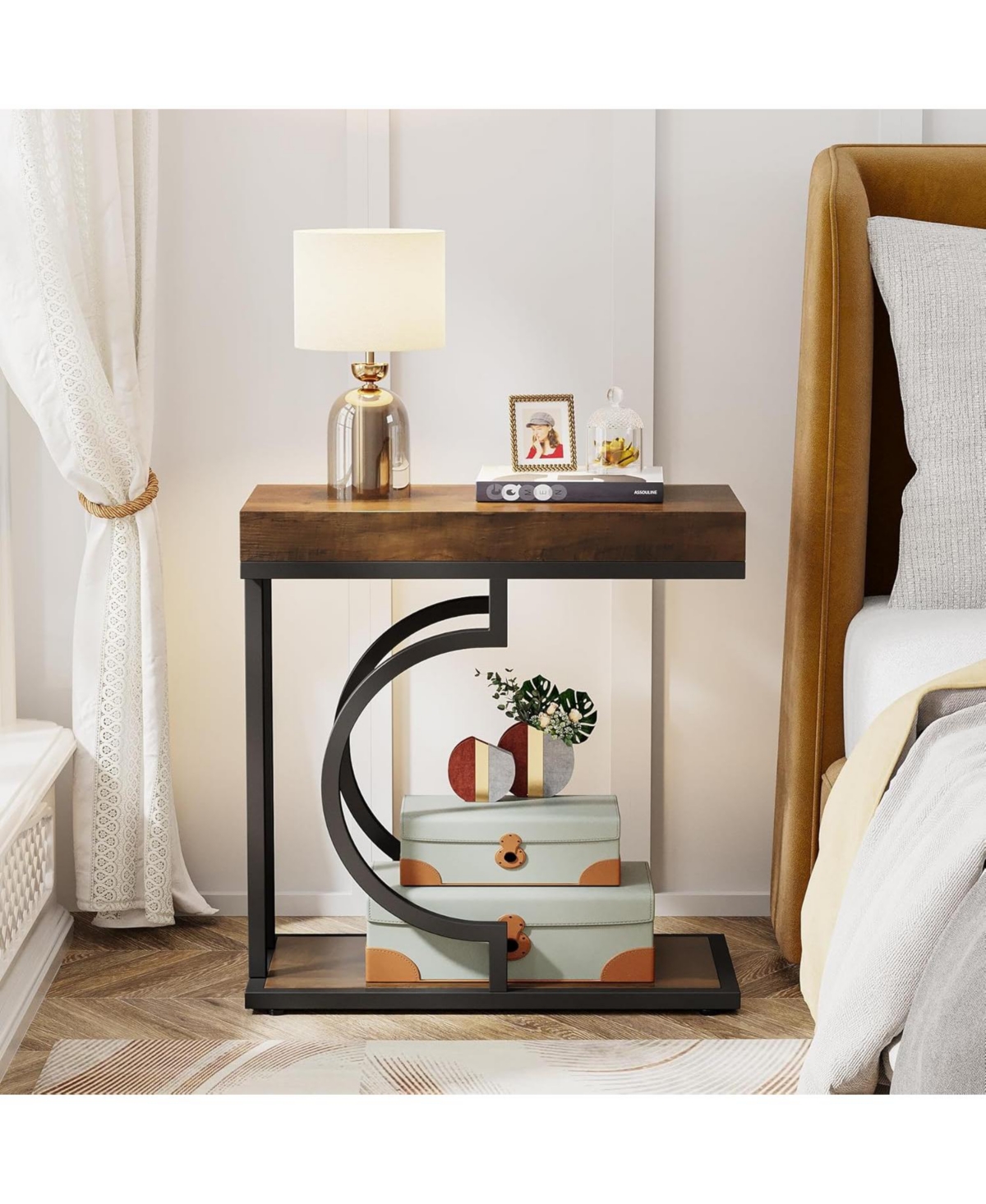 Tribesigns Narrow Side Table, Brown Black C Shaped End Table, Small Sofa Tables with Metal Frame for Living Room