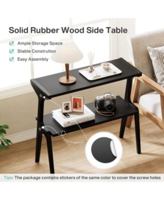 Solid Wood End Table, 2-Tier Modern Slim Couch Side Table with Storage Shelves, Black