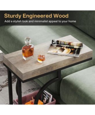 Narrow Side Table, C Shaped End Table, Modern Bedside Tables for Couch (1, Gray+Black)