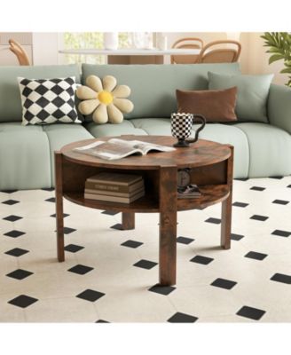 29.5'' 2-Tier Round Coffee Table w/ Storage 4 Shelves Faux Wooden Top
