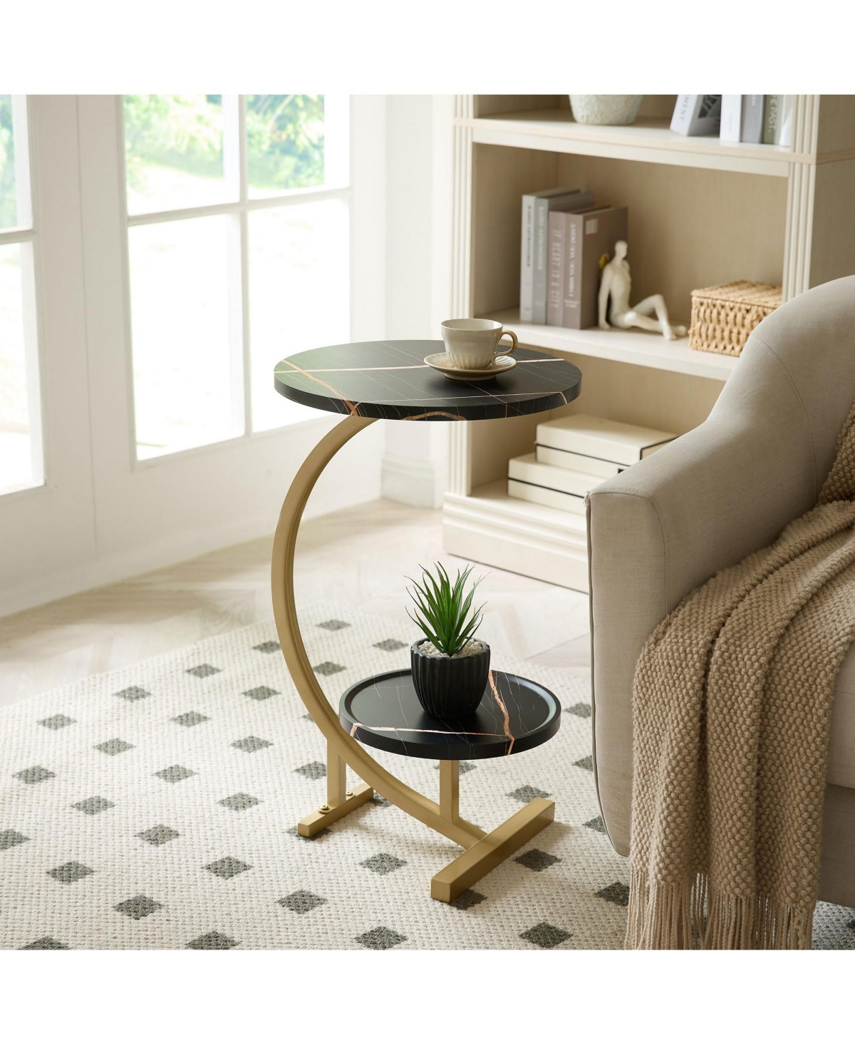 Kings Brand Furniture Rouge C-Shaped Side Table – Faux Marble Top & Gold Metal Frame Modern Accent Table, Sofa