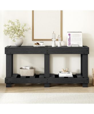 62.9" Vintage Entryway Table - Fir Solid Wood with Natural Grain, 6 Reinforced Legs & 4.5" Thick Desktop, Metal Rivet Decor & Plank Under-Shelf