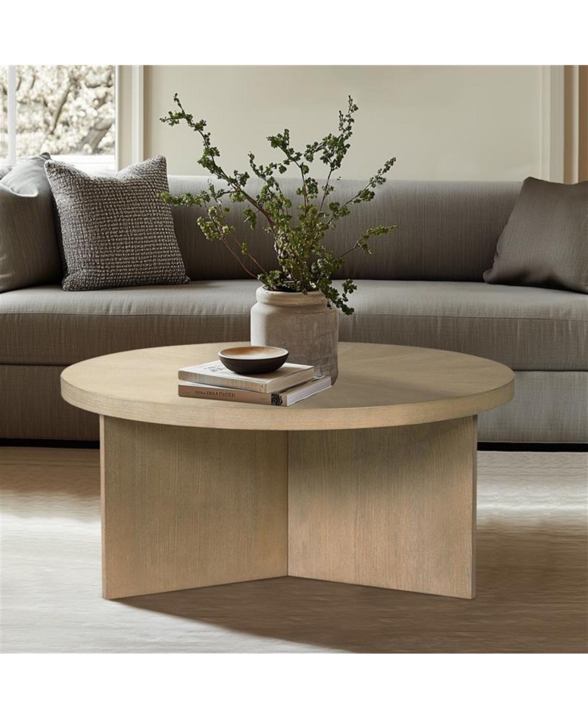 Lovmor Round Coffee Table with Starburst Veneer Top, Reclaimed Greige Wood Finish, Modern Living Room Design