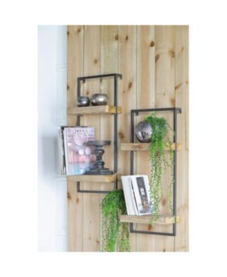 12x6x27" Iron and Wood Wall Shelf With Two Shelves