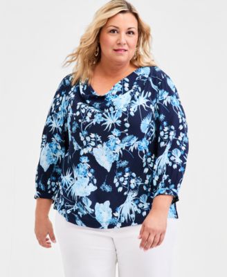 Plus Size Printed Cowlneck Top