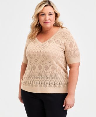 Plus Size Metallic Pointelle Knit Elbow-Sleeve Sweater