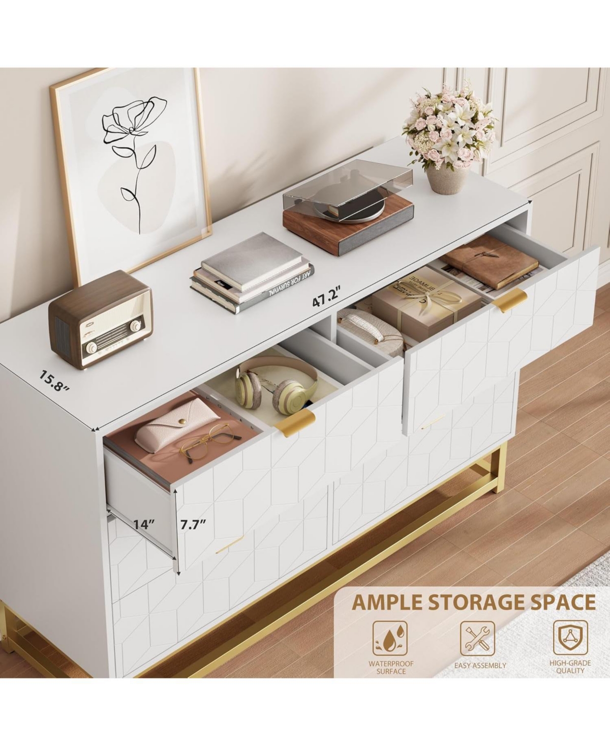Gaomon 47.2" Wide Modern 6 Drawer Dresser, Wide Chest with Gold Metal Legs & Handles, Wood Storage Organizer for Bedroom, Living Room