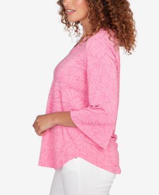 Petite Horseshoe Neck Solid Floral Jacquard Top